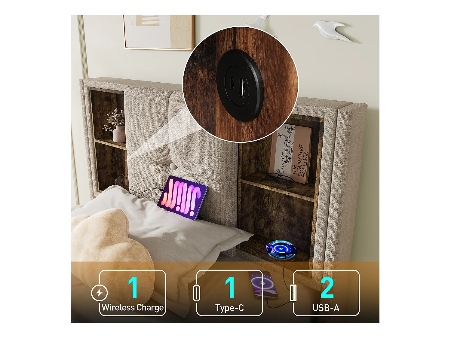 Cama individual de 90 x 200 cm con carga inalámbrica USB-C, tela de lino natural, compartimentos hidráulicos y latte de madera (206 x 95 x 100,5 cm)