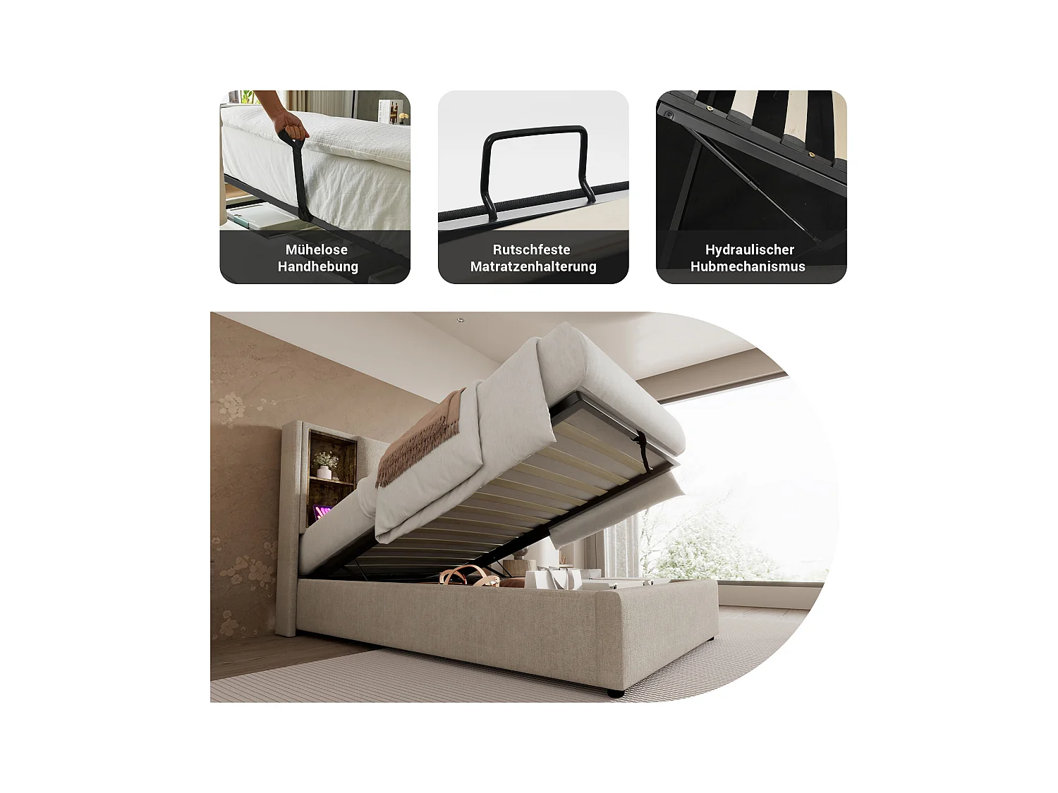 Cama individual de 90 x 200 cm con carga inalámbrica USB-C, tela de lino natural, compartimentos hidráulicos y latte de madera (206 x 95 x 100,5 cm)