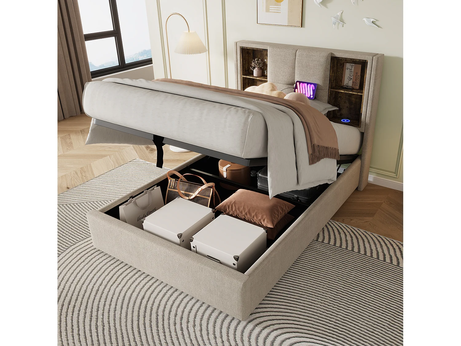 Lit avec Charge Sans Fil USB-C, Lit Simple 90x200 cm, Tissu Lin Naturel, Rangement Hydraulique, Lattenrost en Bois (206x95x100.5 cm)