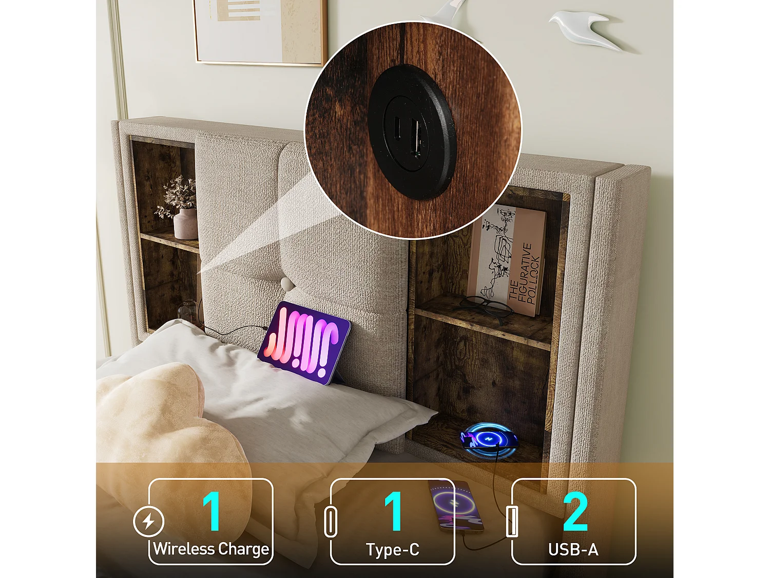 Lit avec Charge Sans Fil USB-C, Lit Simple 90x200 cm, Tissu Lin Naturel, Rangement Hydraulique, Lattenrost en Bois (206x95x100.5 cm)