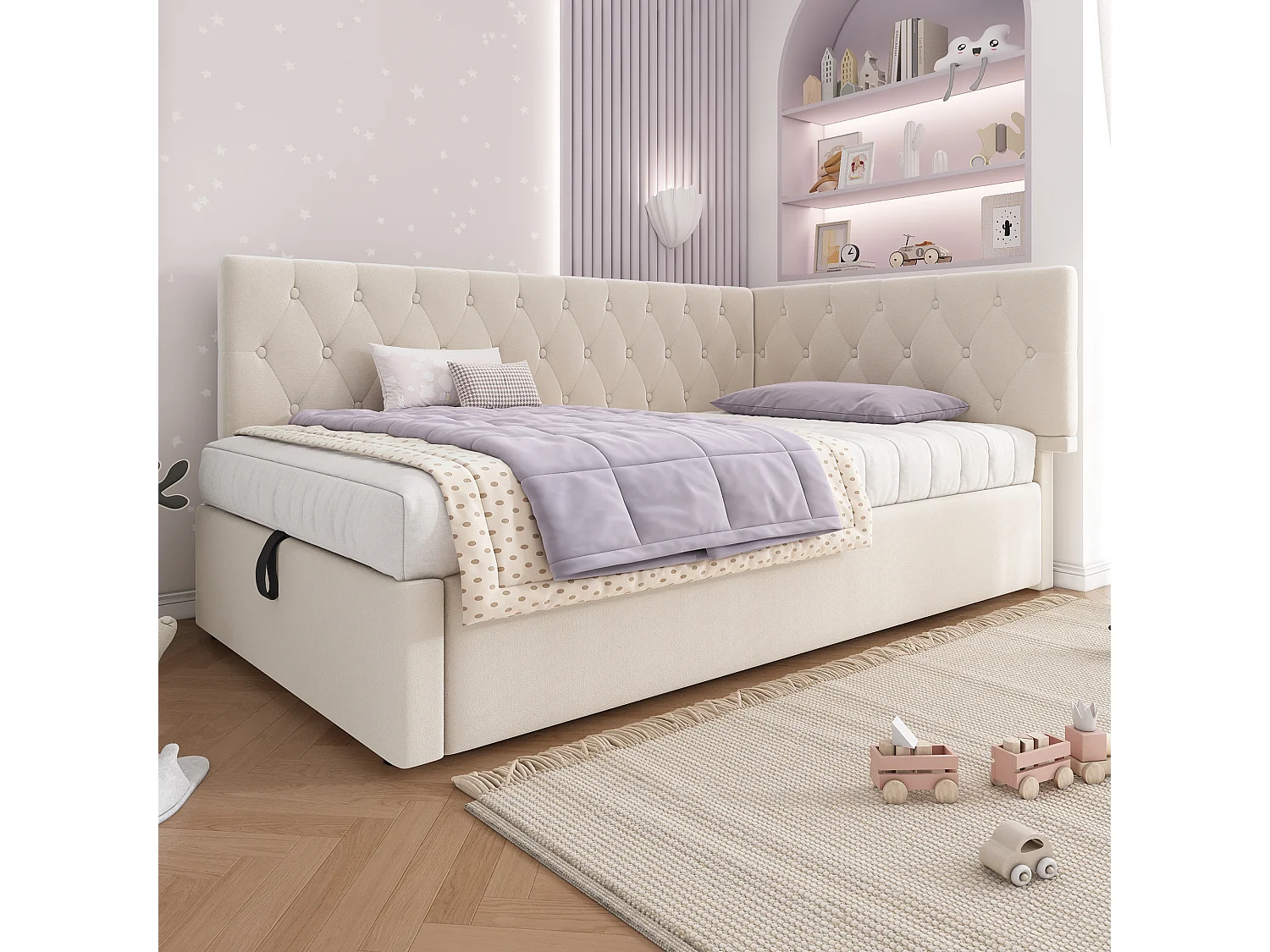 Kinderbed 90x200 cm, met hydraulische opbergruimte, hoofdeinde met USB- en Type-C-aansluitingen, beige fluweel (206x100x77 cm)