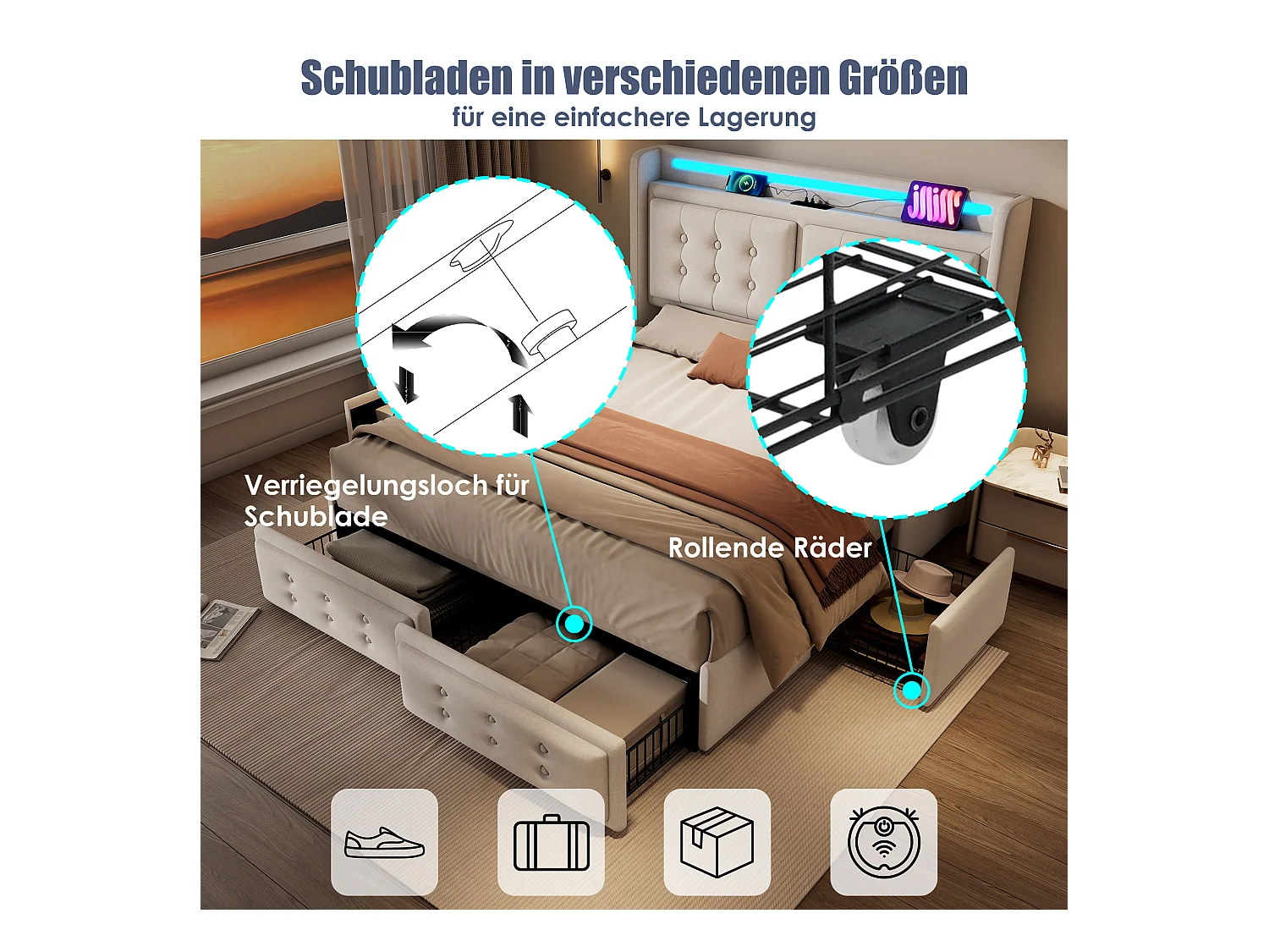 Lit double 180x200 avec tête de lit LED et fonction de charge USB C, structure en bois et métal avec 4 tiroirs de rangement (sans matelas)