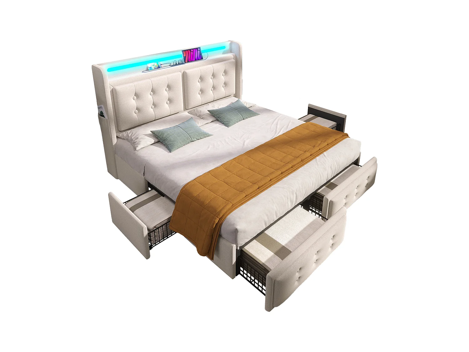 Lit double 180x200 avec tête de lit LED et fonction de charge USB C, structure en bois et métal avec 4 tiroirs de rangement (sans matelas)