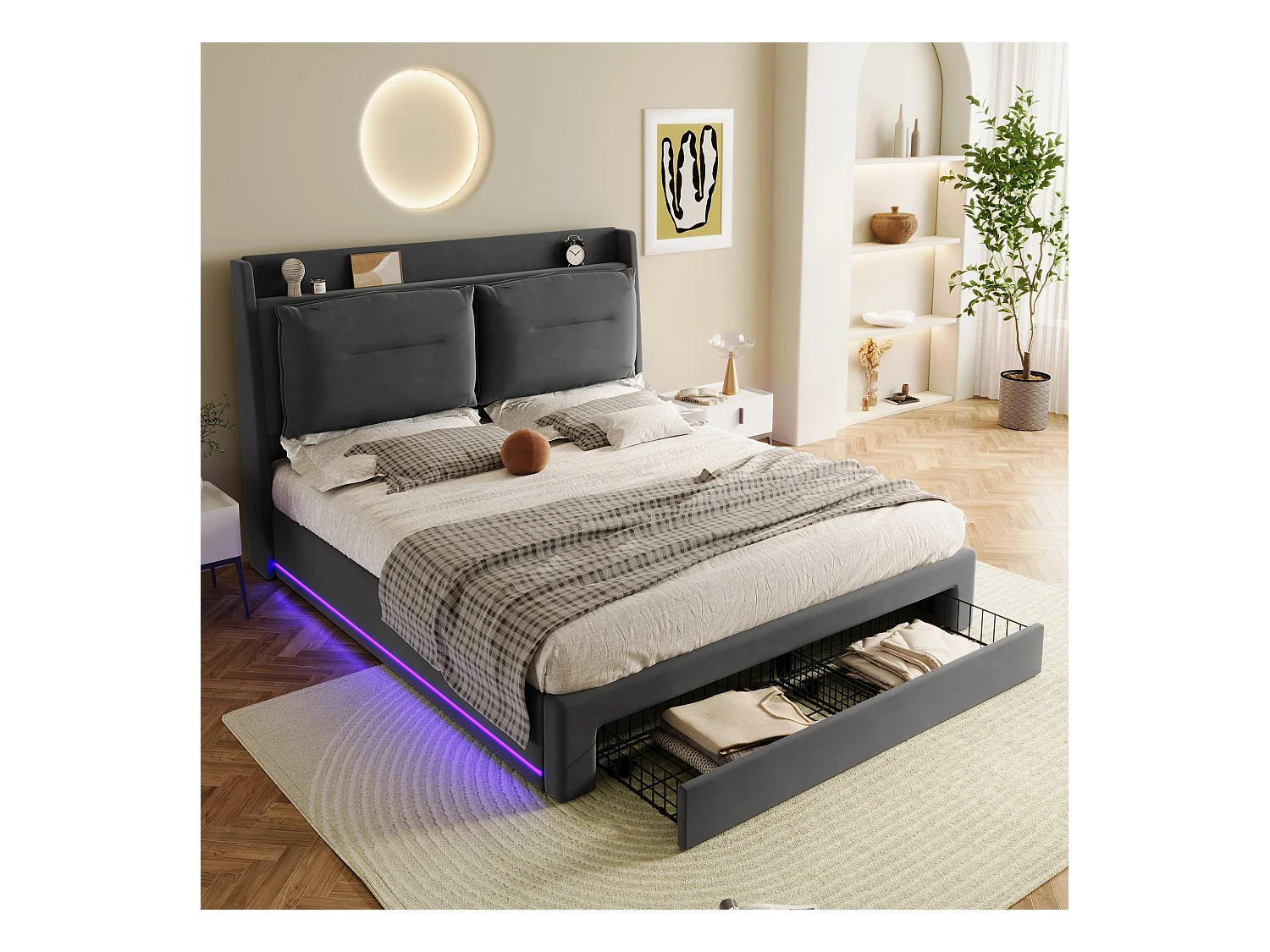 Lit LED avec rangement hydraulique, 2-in-1 tiroirs, velours gris foncé, 160x200 cm (198x30x18 cm)