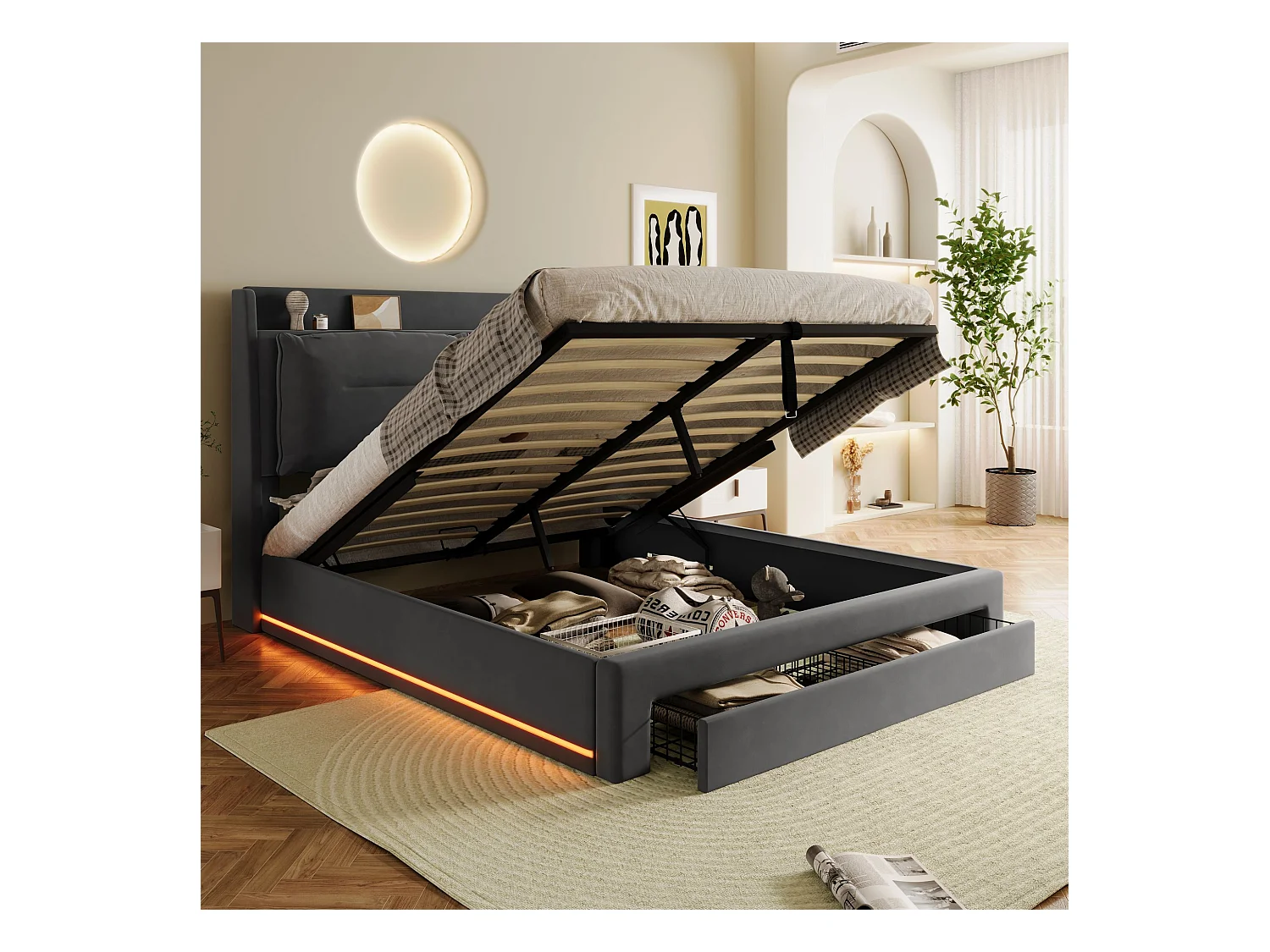 Lit LED avec rangement hydraulique, 2-in-1 tiroirs, velours gris foncé, 160x200 cm (198x30x18 cm)