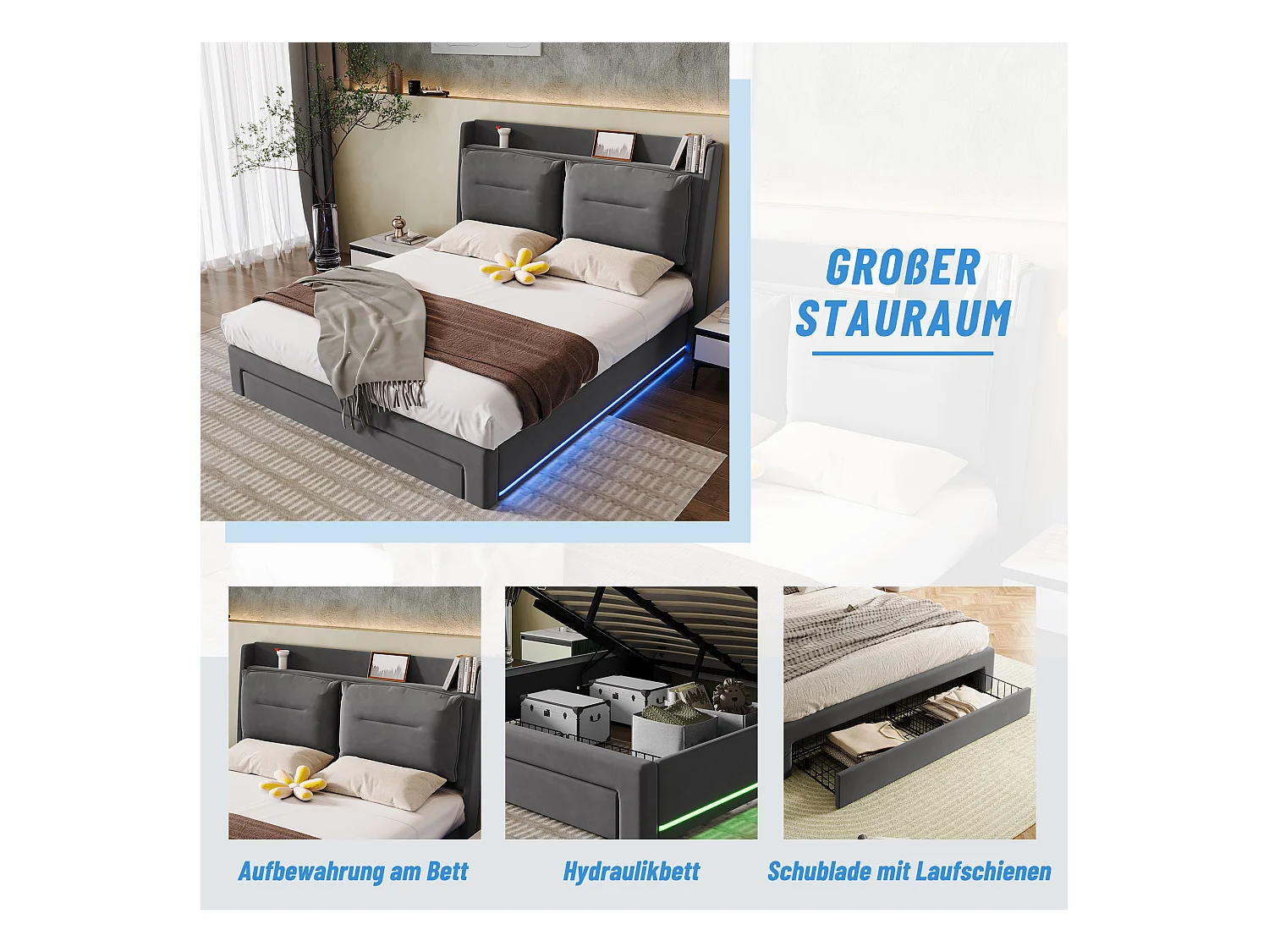 Lit LED avec rangement hydraulique, 2-in-1 tiroirs, velours gris foncé, 160x200 cm (198x30x18 cm)