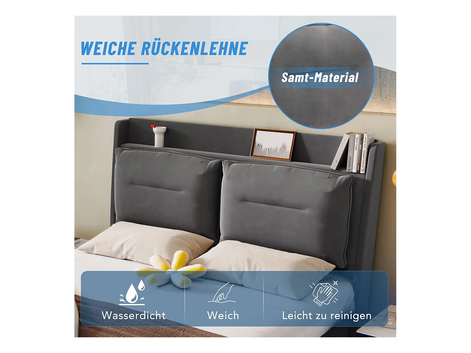 Lit LED avec rangement hydraulique, 2-in-1 tiroirs, velours gris foncé, 160x200 cm (198x30x18 cm)