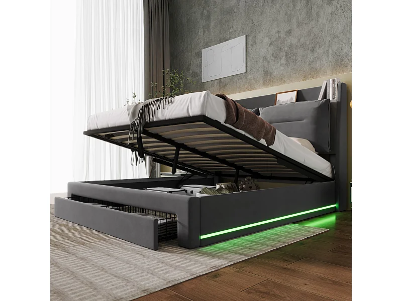 Cama LED con almacenaje hidráulico, cajones 2 en 1, terciopelo gris oscuro, 160x200 cm (198x30x18 cm)