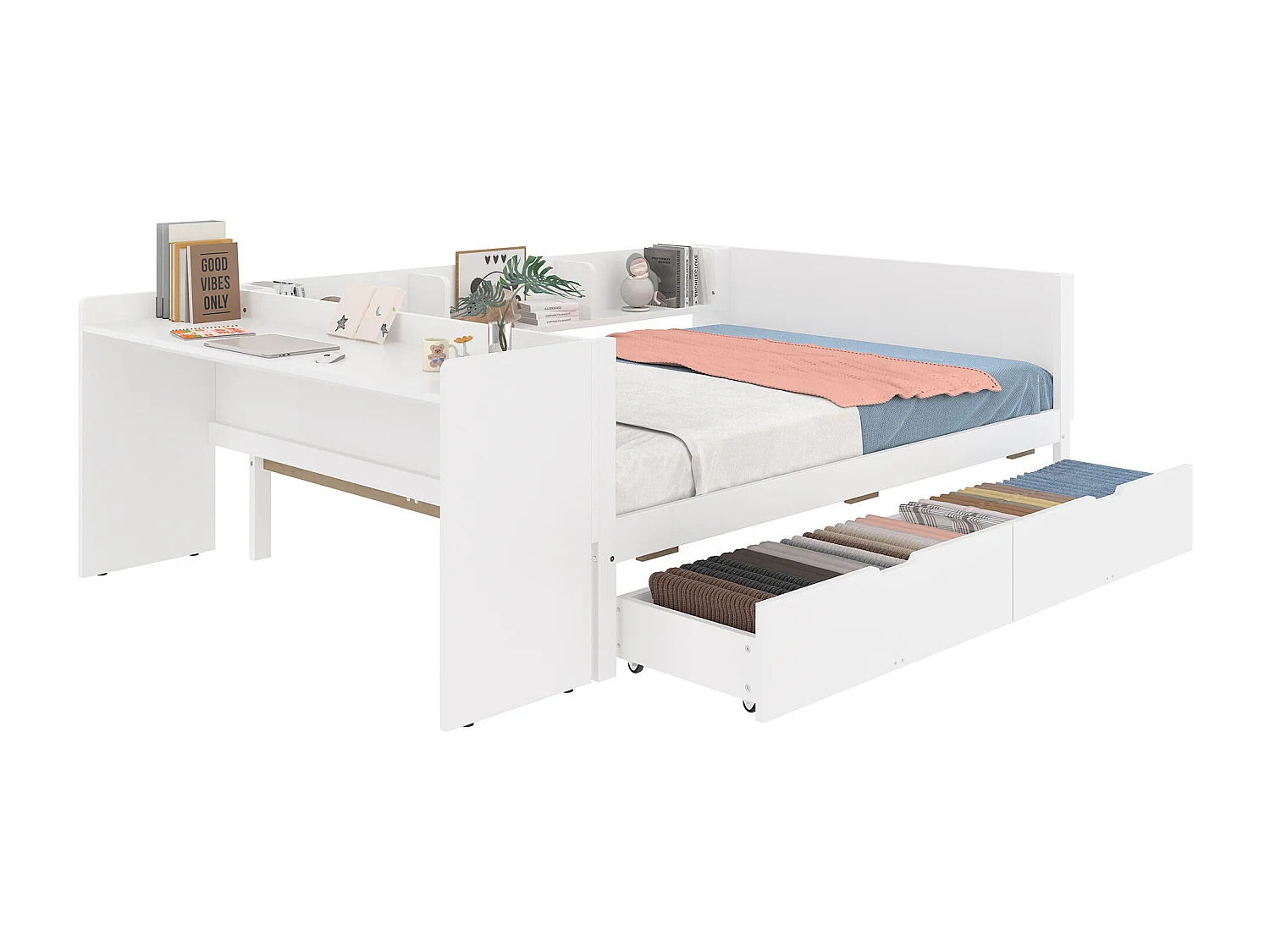 Lit plat avec bureau, tiroir et étagères, bois de pin, blanc (140x200 cm)