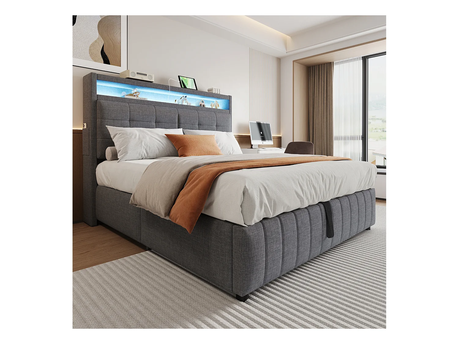 Lit 160x200 cm avec LED, USB, tête de lit avec étagères et rangement, hydraulique, cadre métal, tissu lin gris (213x167x110.5 cm)