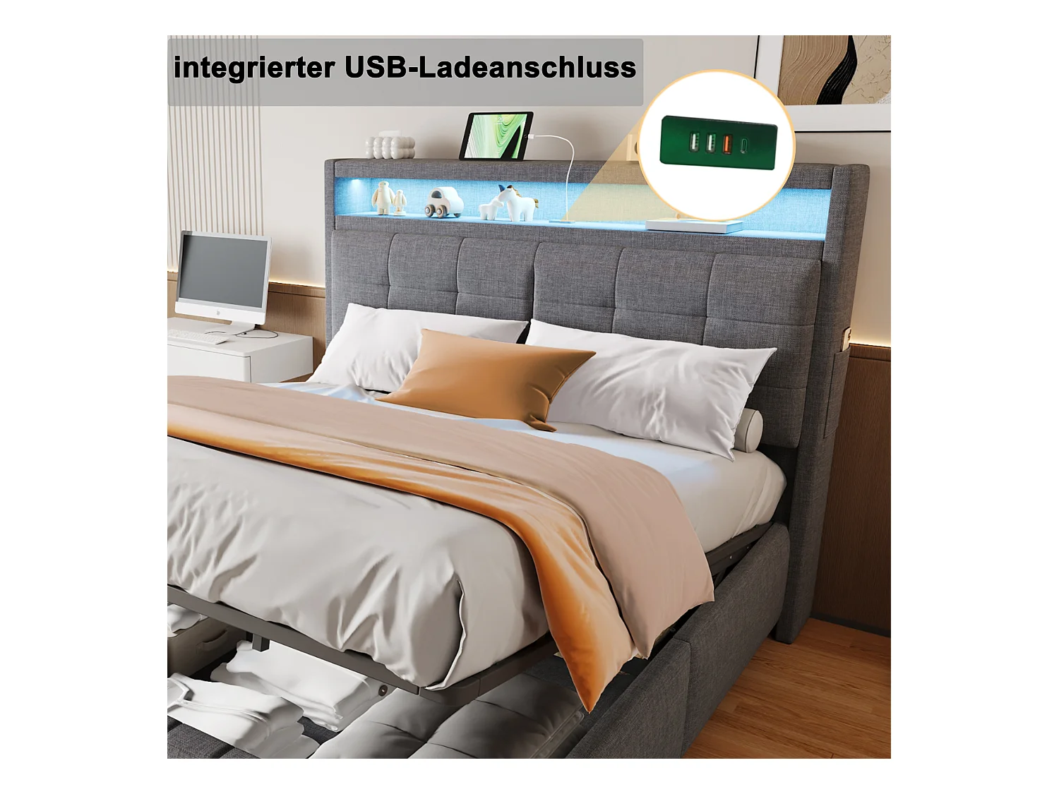 Lit 160x200 cm avec LED, USB, tête de lit avec étagères et rangement, hydraulique, cadre métal, tissu lin gris (213x167x110.5 cm)