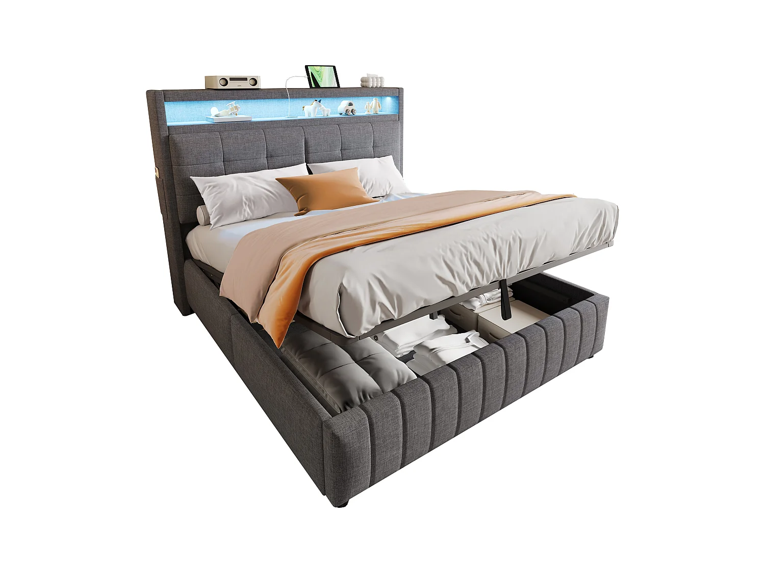 Lit 160x200 cm avec LED, USB, tête de lit avec étagères et rangement, hydraulique, cadre métal, tissu lin gris (213x167x110.5 cm)