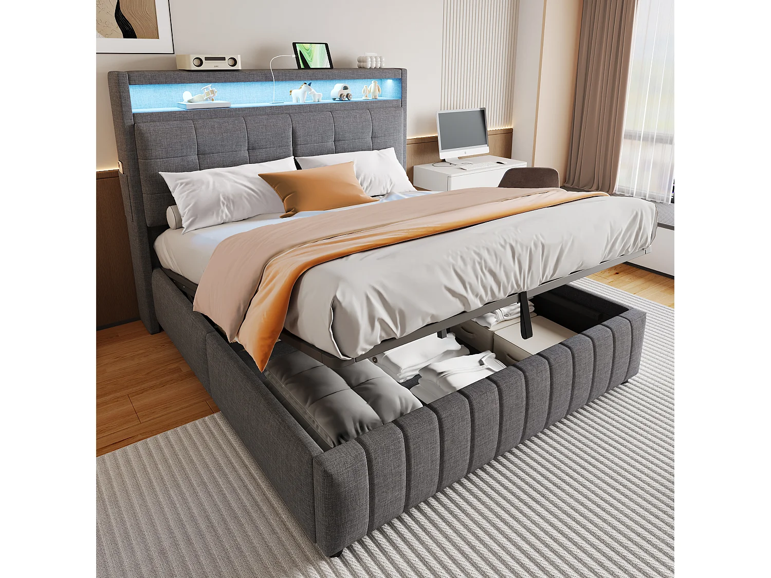 Lit 160x200 cm avec LED, USB, tête de lit avec étagères et rangement, hydraulique, cadre métal, tissu lin gris (213x167x110.5 cm)