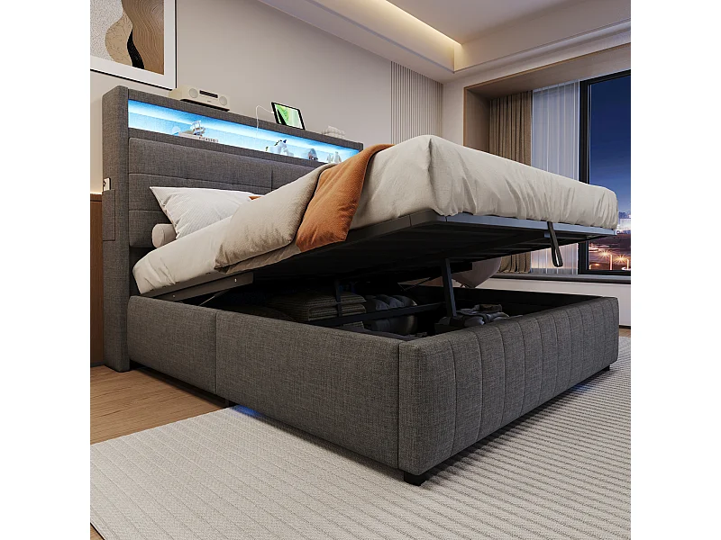 Bed 160x200 cm met LED, USB, hoofdeinde met planken en opbergruimte, hydraulisch, metalen frame, grijze linnen stof (213x167x110,5 cm)