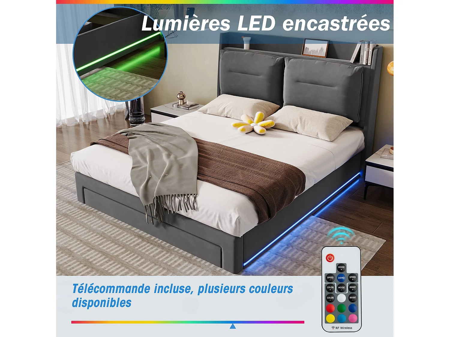 Cama tapizada LED, 140x190, hidráulica, cajones 2 en 1, terciopelo gris, (189x31x19 cm)