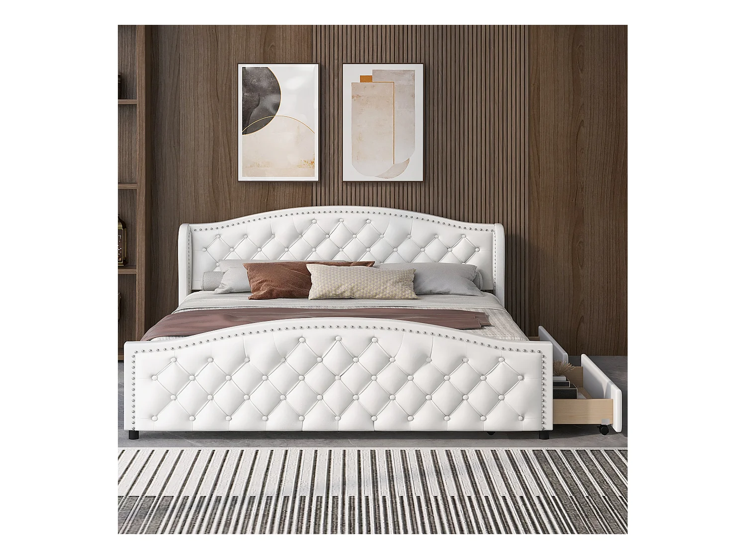 Lit 180x200 avec Tête de Lit et 2 tiroirs, Design Classique, Lit de Rangement, PU, Blanc (180x200x100 cm)