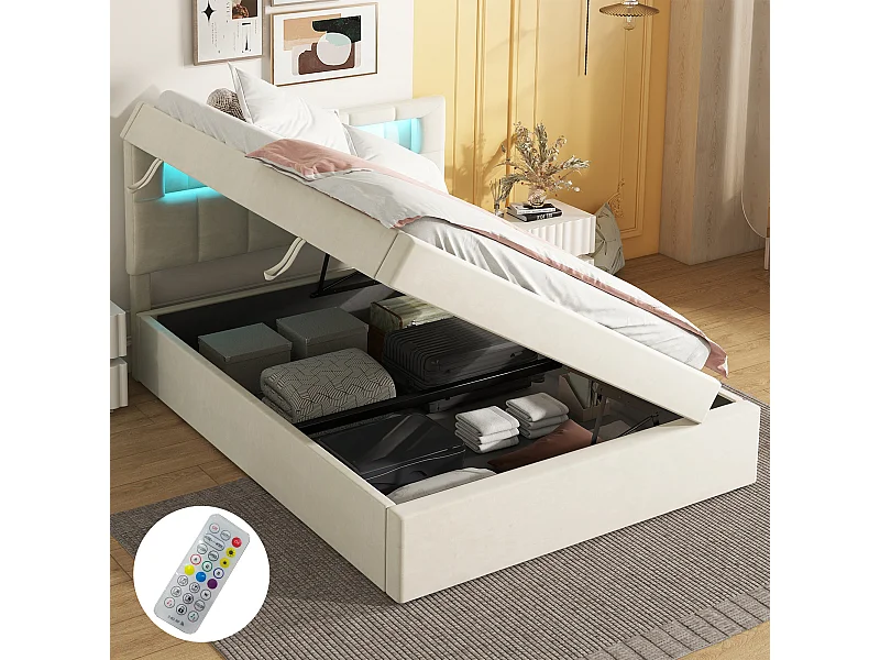 Lit plat, 90x200 cm, avec éclairage ambiant intégré, tête de lit réglable, grand espace de rangement, design minimaliste (208x94.5x115.5 cm)