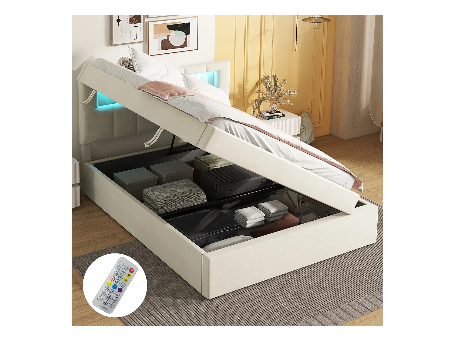 Lit plat, 90x200 cm, avec éclairage ambiant intégré, tête de lit réglable, grand espace de rangement, design minimaliste (208x94.5x115.5 cm)