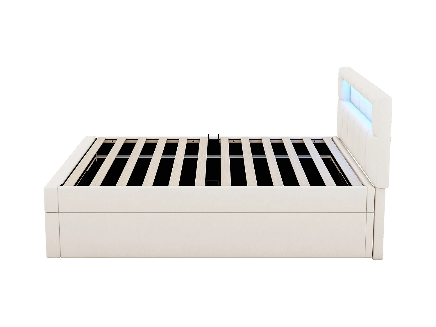 Lit plat, 90x200 cm, avec éclairage ambiant intégré, tête de lit réglable, grand espace de rangement, design minimaliste (208x94.5x115.5 cm)