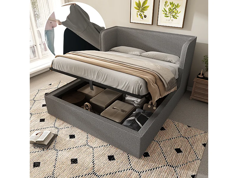 Cama doble con almacenaje, cabecero con LED y USB, base con cajones, lino, gris (217x173x89 cm)