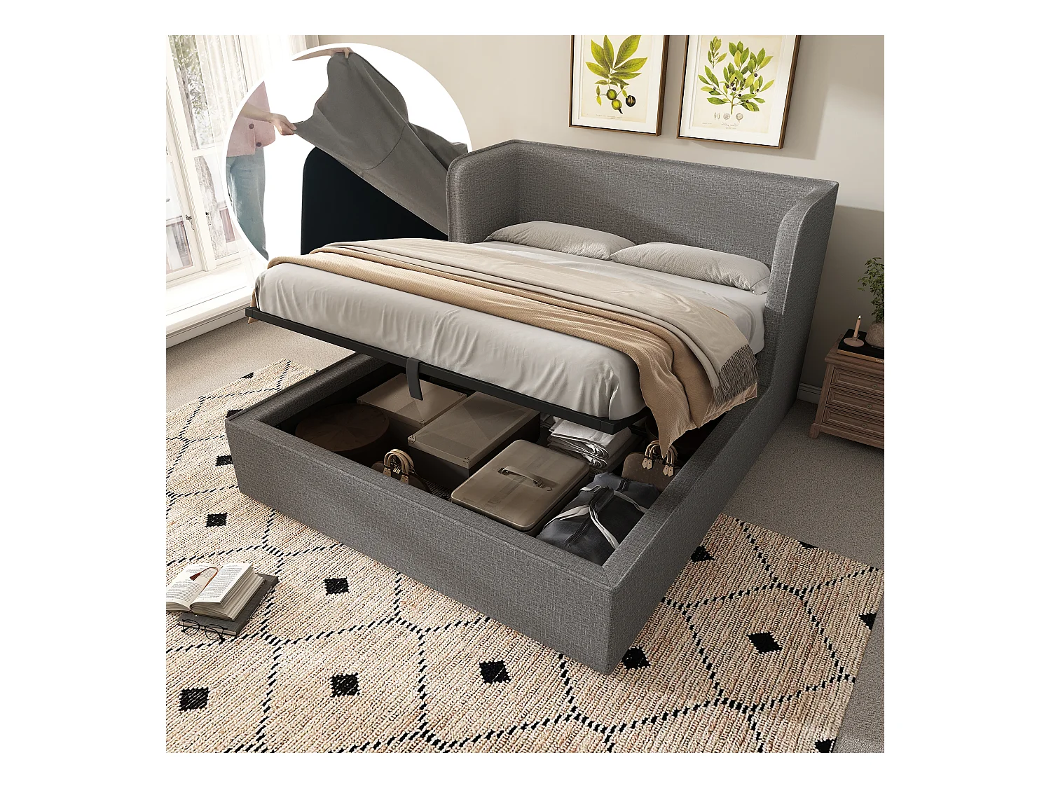 Lit double avec rangement, tête de lit avec LED et USB, base avec tiroirs, lin, gris (217x173x89 cm)