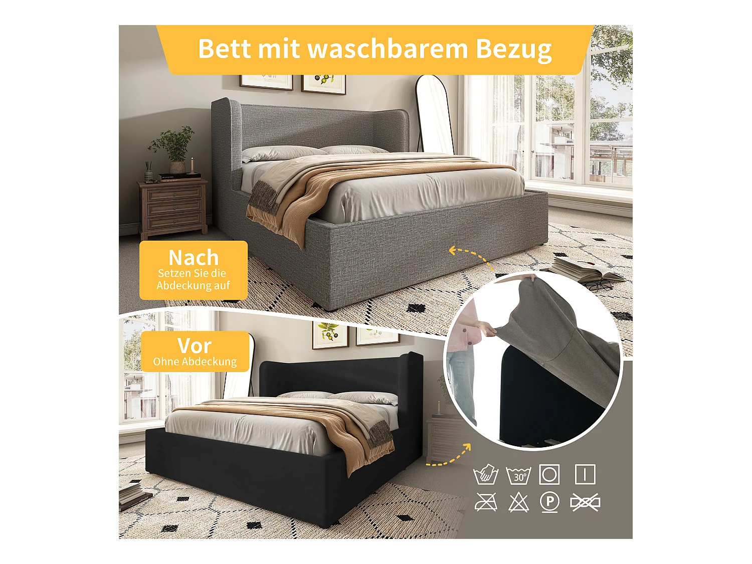 Lit double avec rangement, tête de lit avec LED et USB, base avec tiroirs, lin, gris (217x173x89 cm)