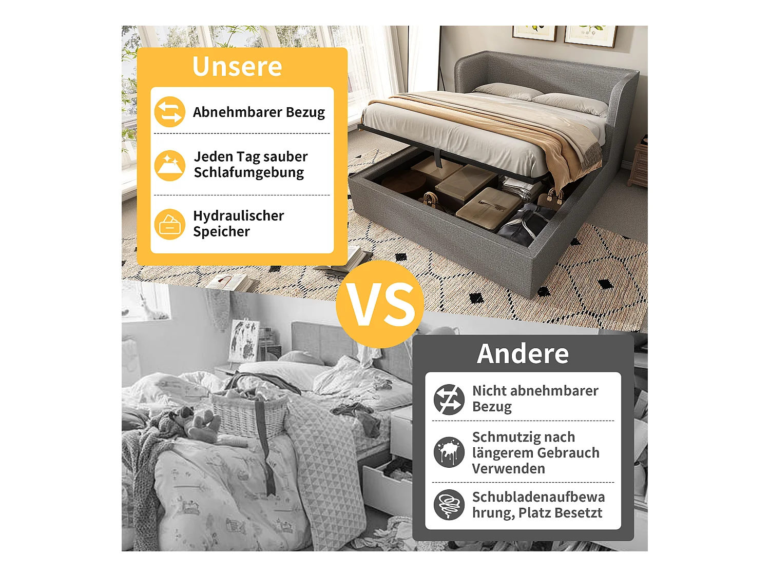 Lit double avec rangement, tête de lit avec LED et USB, base avec tiroirs, lin, gris (217x173x89 cm)