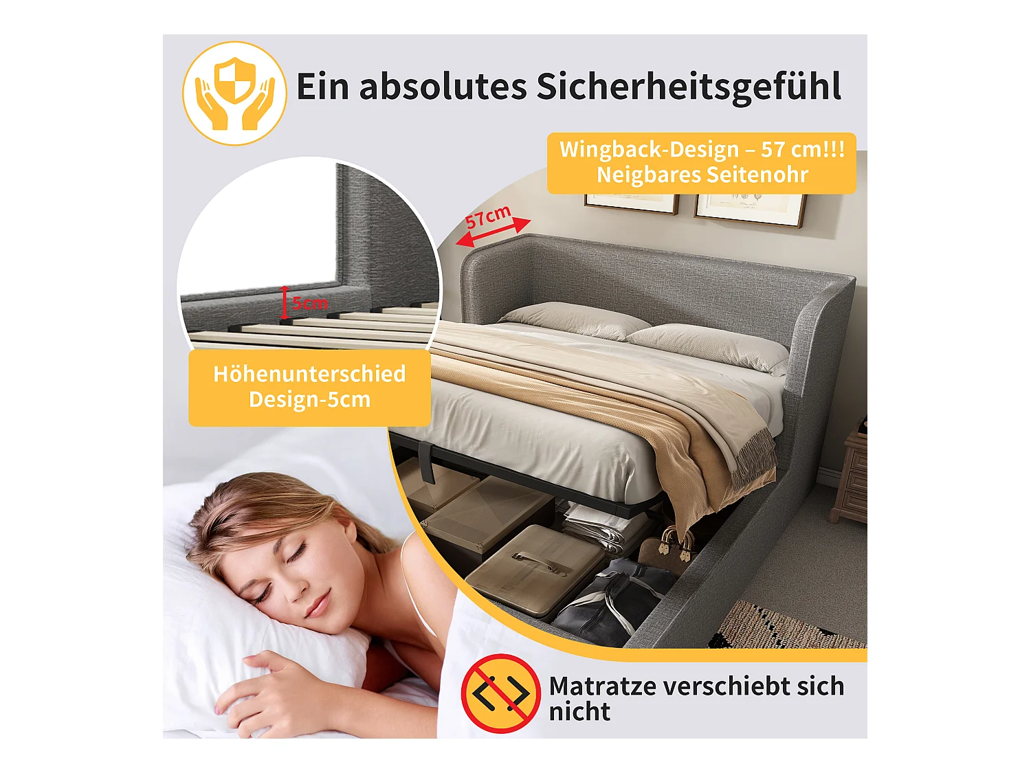 Lit double avec rangement, tête de lit avec LED et USB, base avec tiroirs, lin, gris (217x173x89 cm)