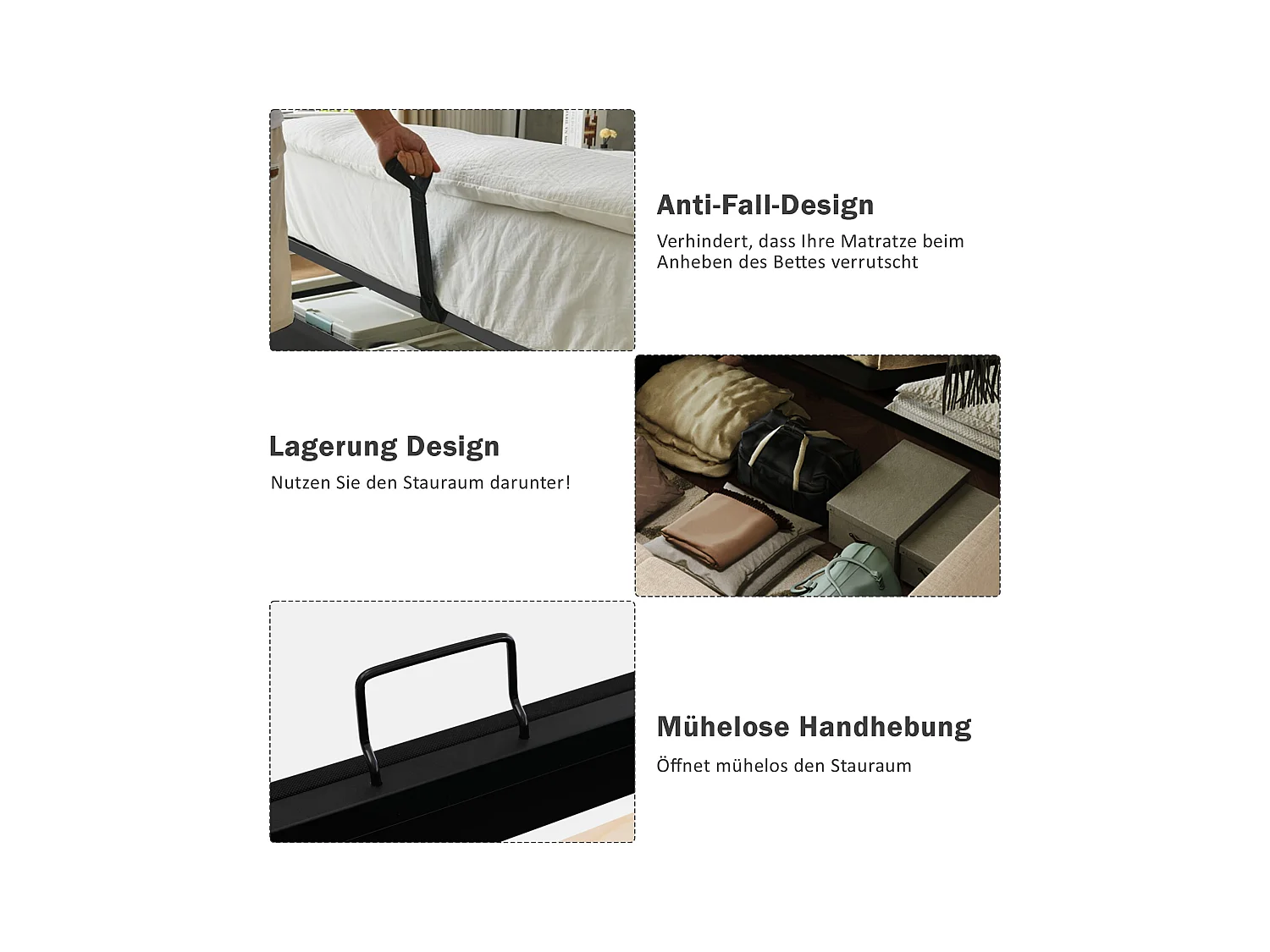 Lit double avec rangement, tête de lit avec LED et USB, base avec tiroirs, lin, gris (217x173x89 cm)