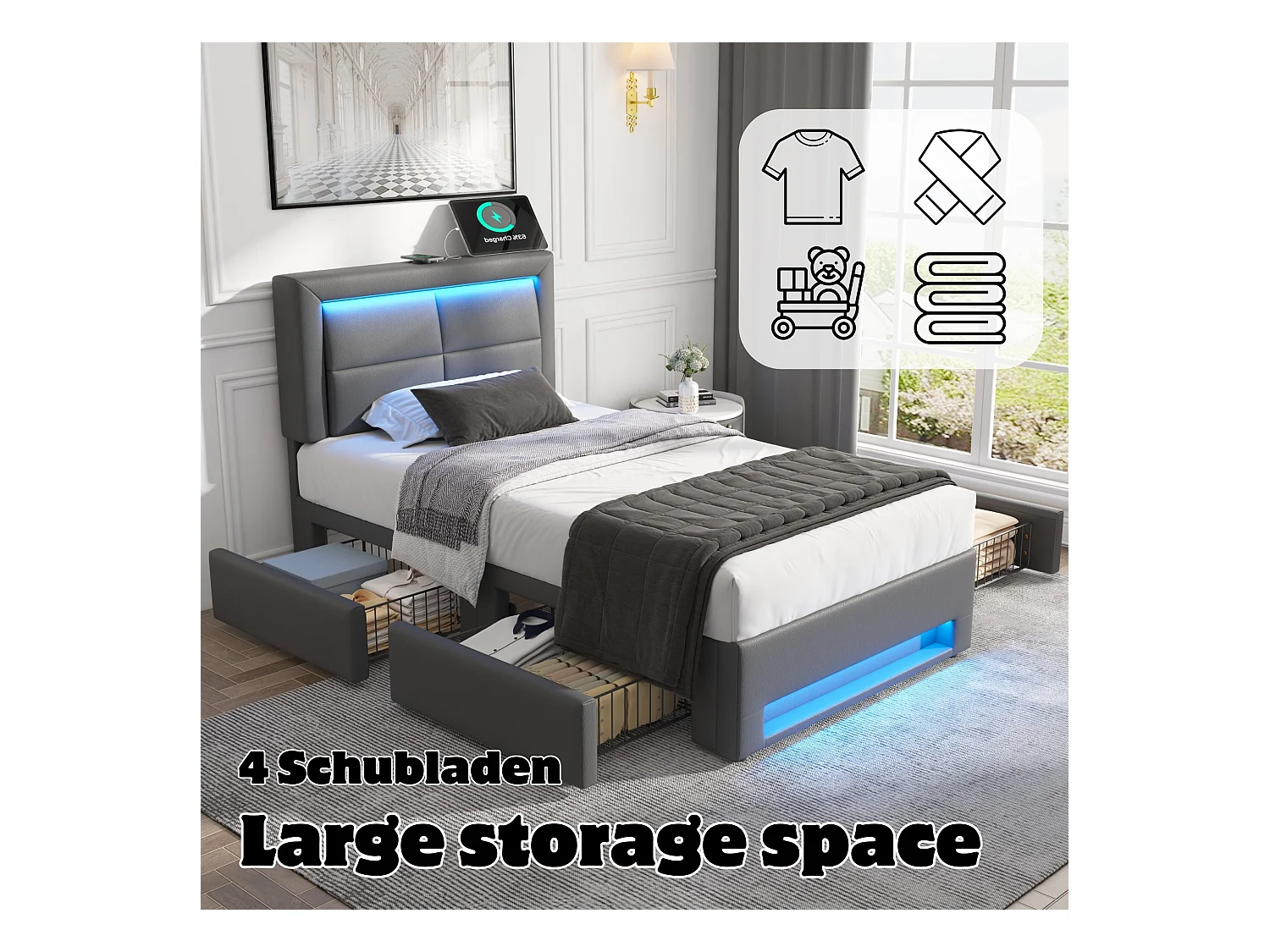 Lit 90x200 cm avec USB, LED et tiroirs, en PU gris (90x200x95 cm)