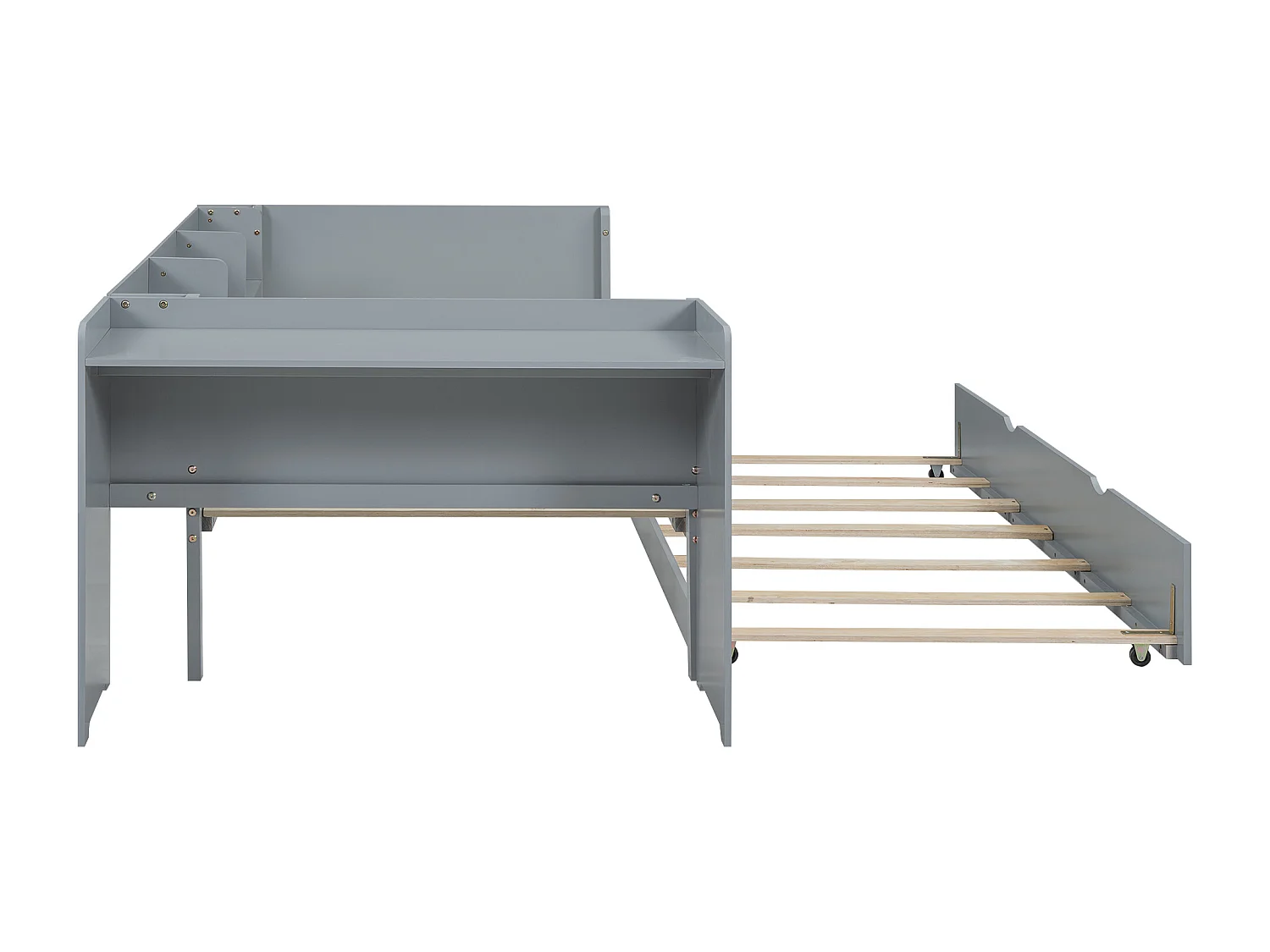 Lit plat 90x200 cm, avec lit escamotable, bureau intégré, trois étagères latérales, en pin, gris (241.9x112x73 cm)