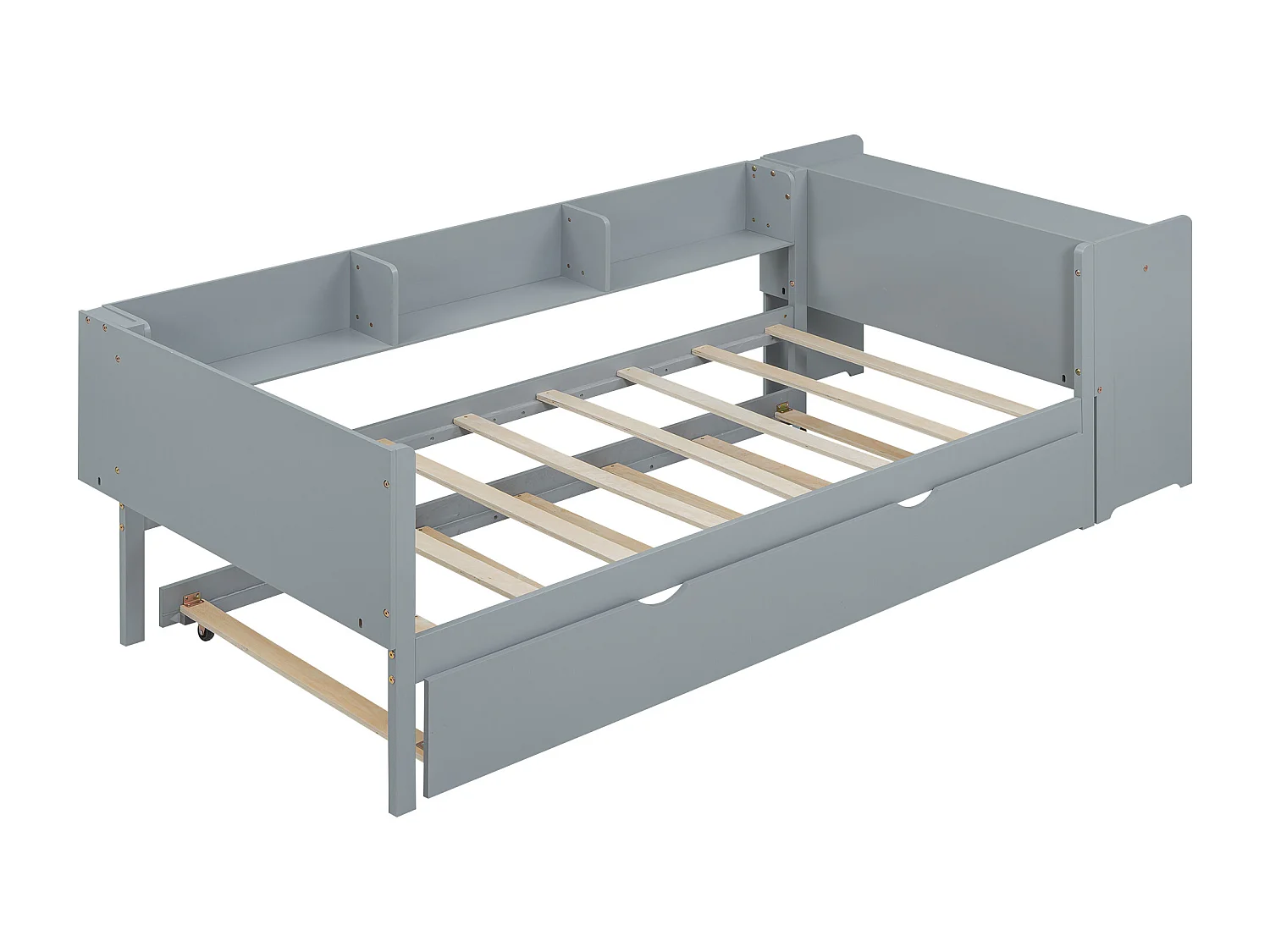 Lit plat 90x200 cm, avec lit escamotable, bureau intégré, trois étagères latérales, en pin, gris (241.9x112x73 cm)