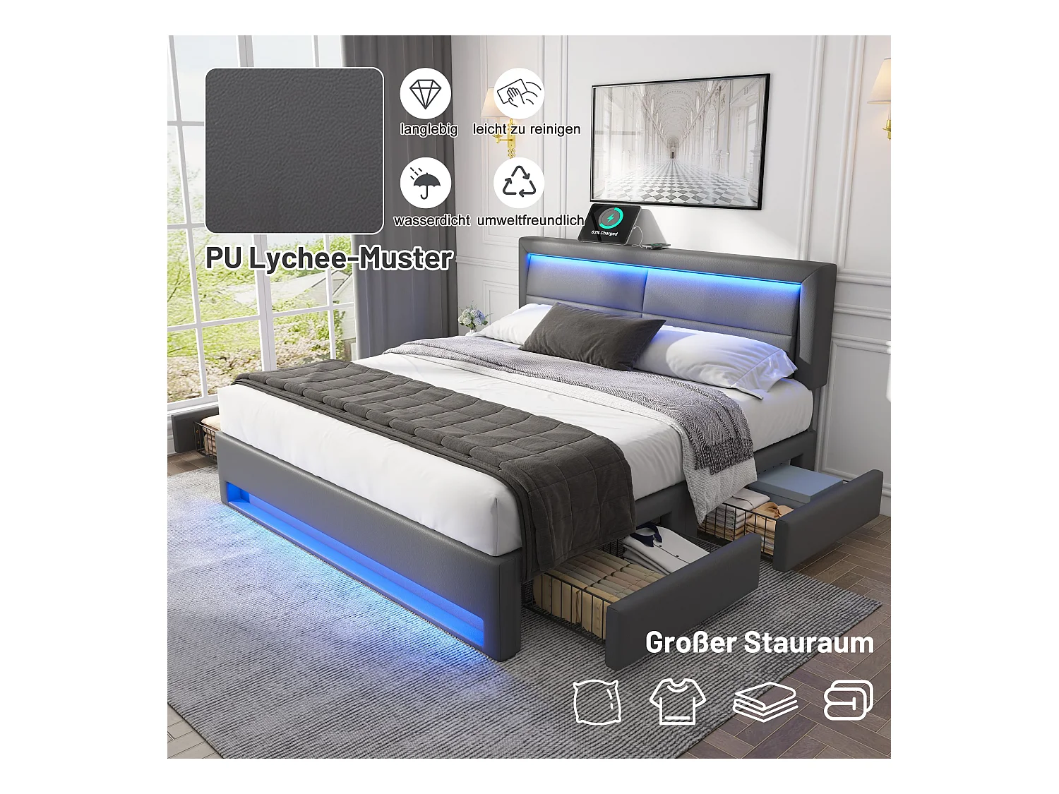 Lit avec USB et LED, 160 x 200 cm, avec 4 tiroirs, PU, Gris (160x200 cm)