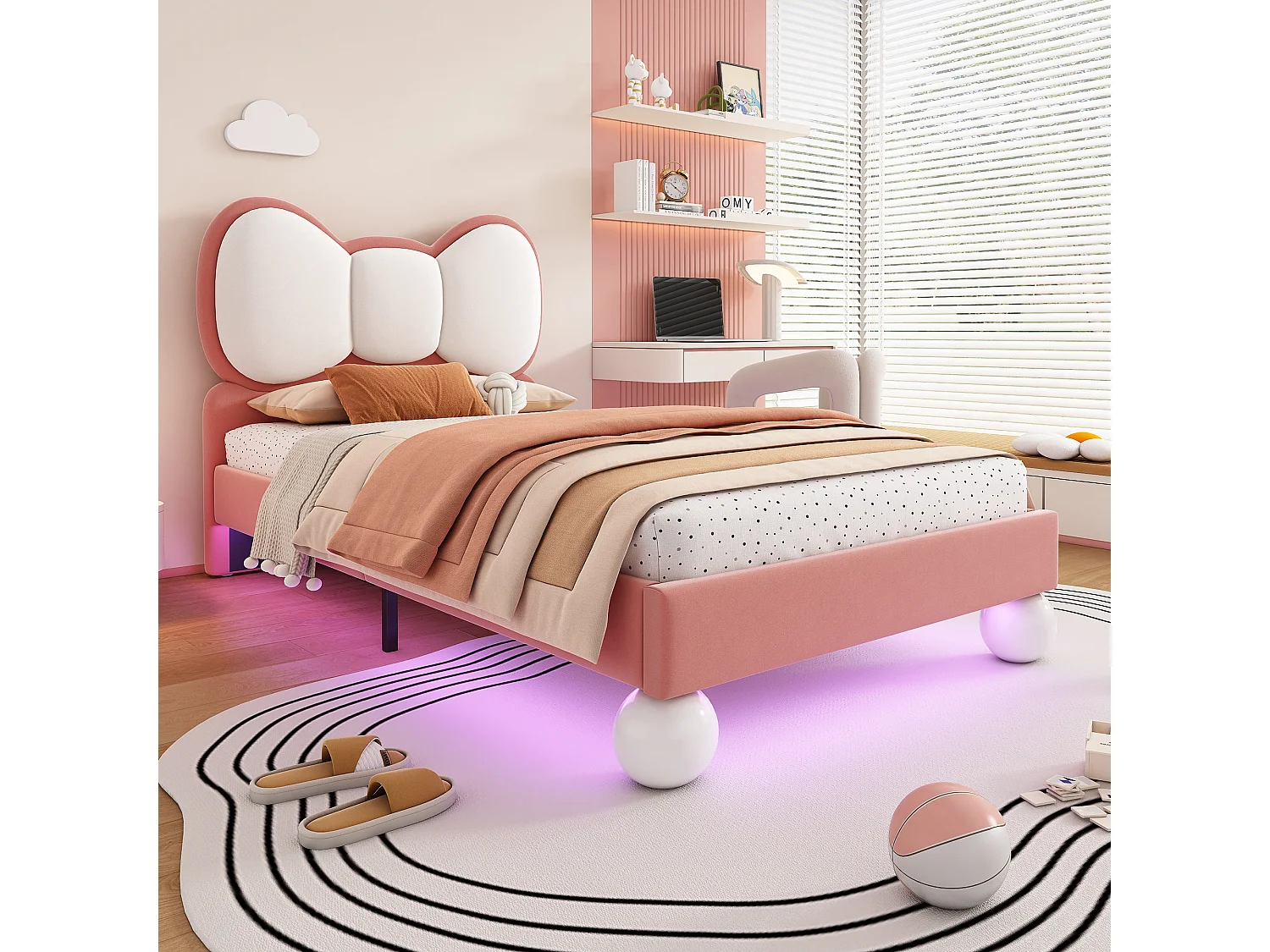 Lit enfant avec tête de lit en forme de nœud papillon, LED coloris ajustables sous le lit, cadre en velours, beige et rose, 90x200 cm