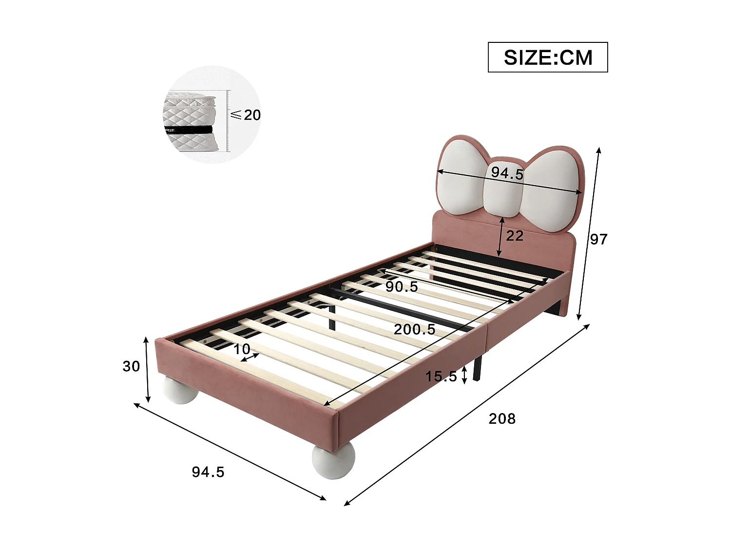 Lit enfant avec tête de lit en forme de nœud papillon, LED coloris ajustables sous le lit, cadre en velours, beige et rose, 90x200 cm