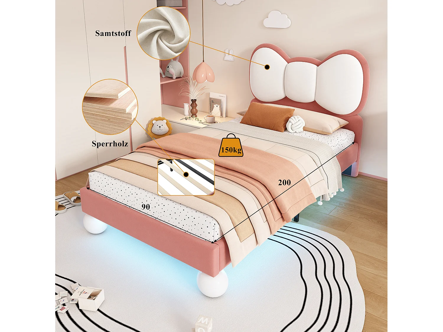 Lit enfant avec tête de lit en forme de nœud papillon, LED coloris ajustables sous le lit, cadre en velours, beige et rose, 90x200 cm