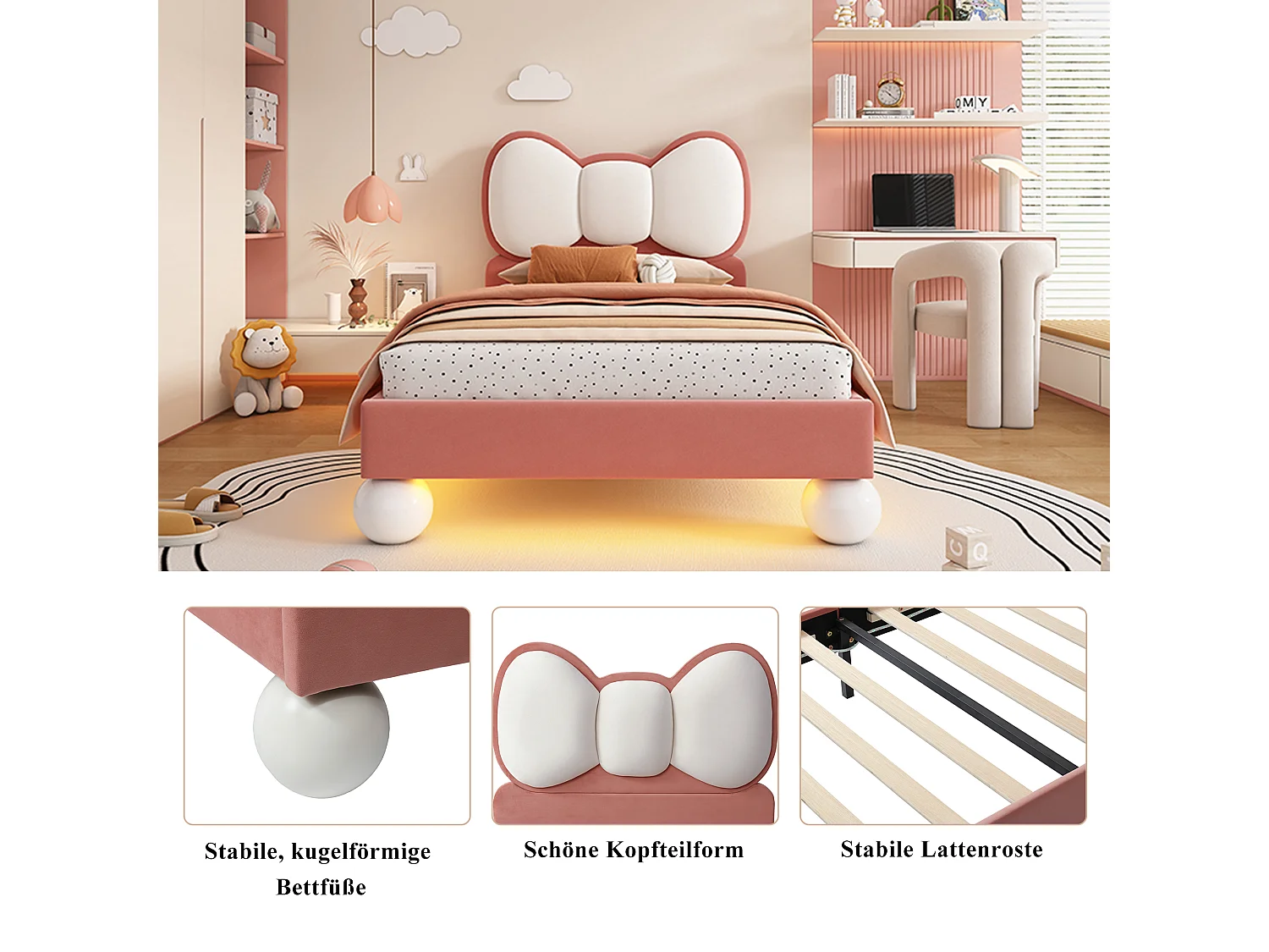 Lit enfant avec tête de lit en forme de nœud papillon, LED coloris ajustables sous le lit, cadre en velours, beige et rose, 90x200 cm