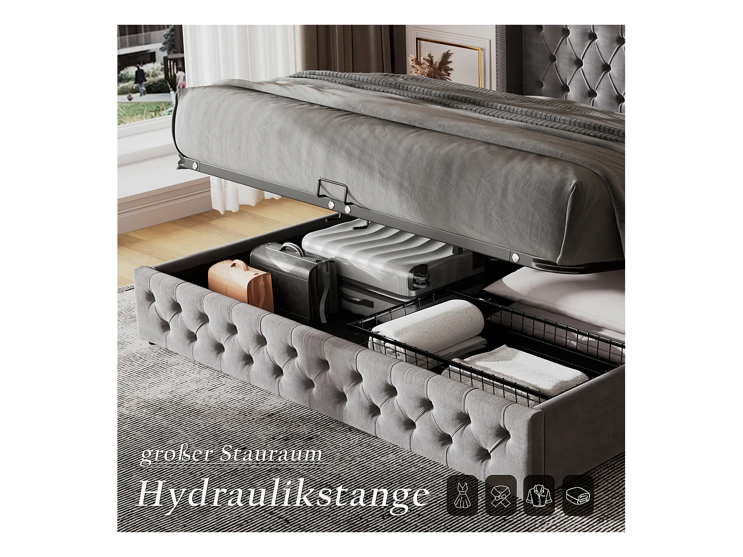 Lit capitonné avec oreiller en forme d'oreilles, tissu velours, avec rangement hydraulique, gris (209x149.5x94.5 cm)