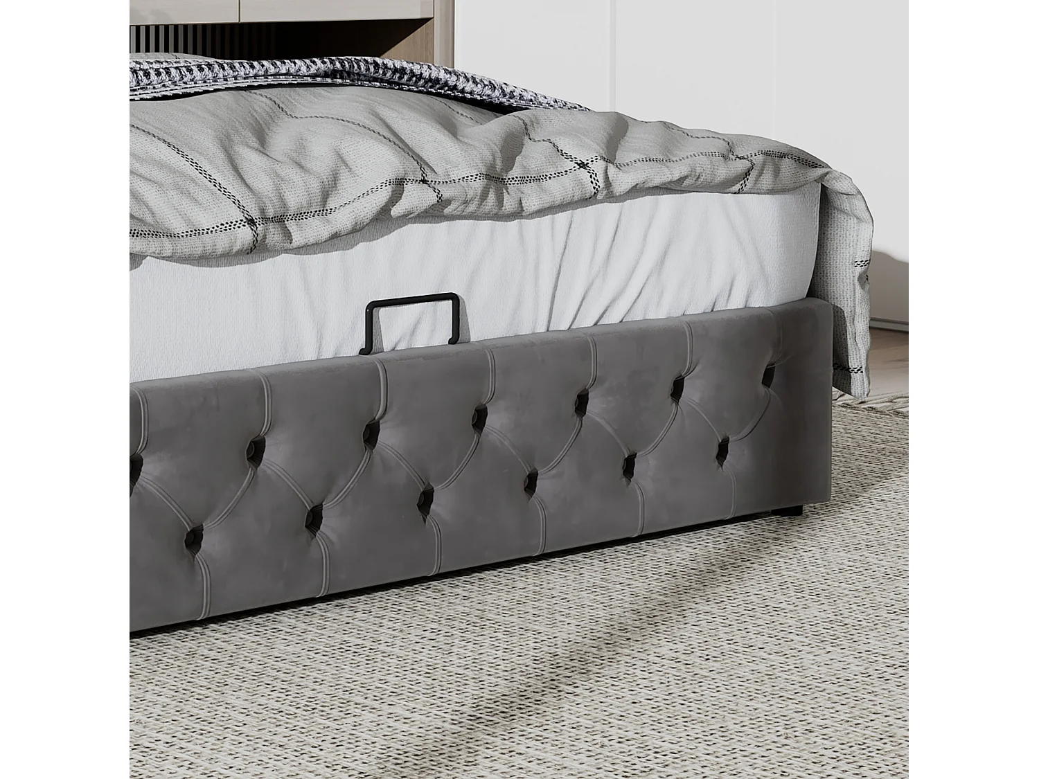 Cama tapizada con almohada en forma de oreja, tela de terciopelo, con almacenaje hidráulico, color gris (209x149,5x94,5 cm)
