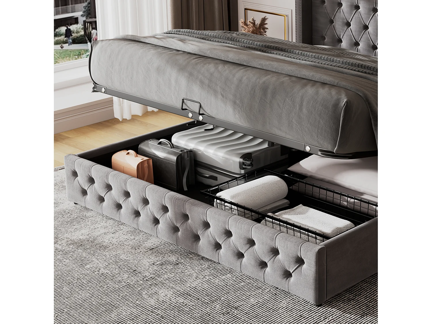 Cama tapizada con almohada en forma de oreja, tela de terciopelo, con almacenaje hidráulico, color gris (209x149,5x94,5 cm)