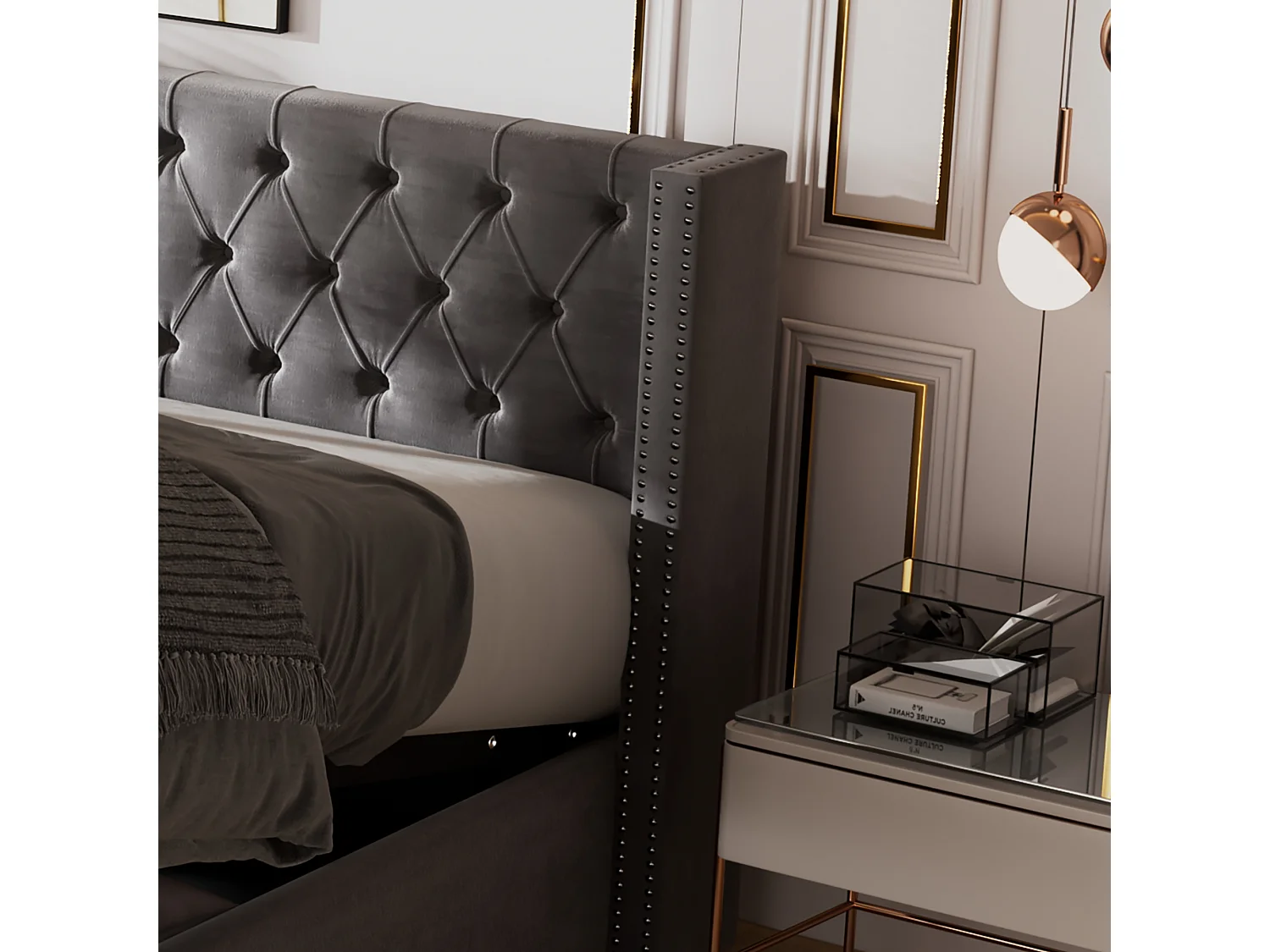 Cama tapizada con almohada en forma de oreja, tela de terciopelo, con almacenaje hidráulico, color gris (209x149,5x94,5 cm)