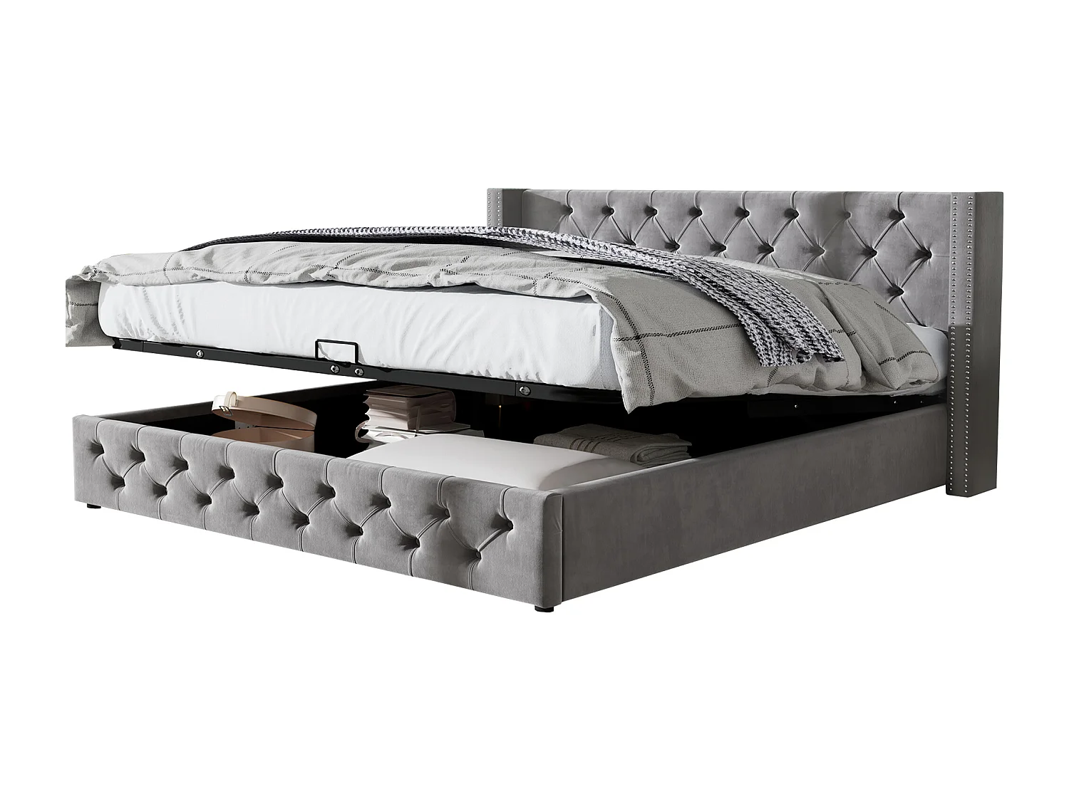 Cama tapizada con almohada en forma de oreja, tela de terciopelo, con almacenaje hidráulico, color gris (209x149,5x94,5 cm)