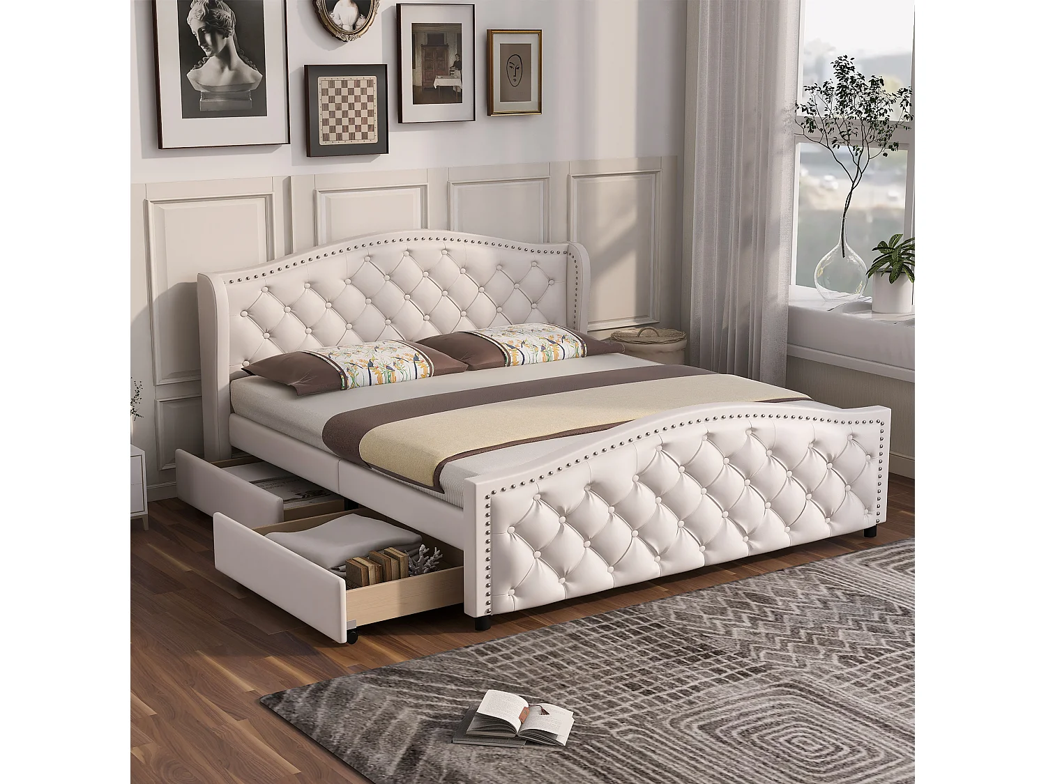 Bed met opbergruimte, 2 lades, gestoffeerd hoofdeinde, PU, wit (212,5x146x100 cm)