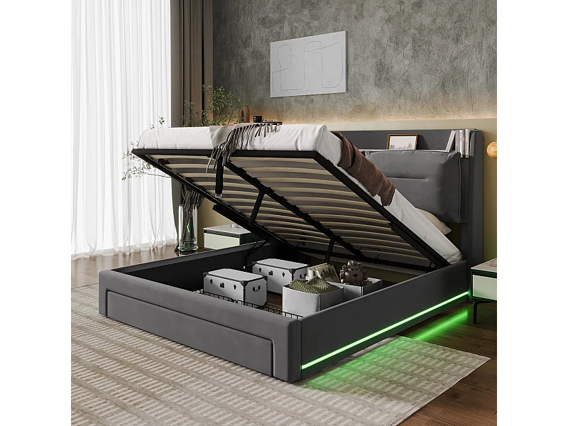 Lit LED avec rangement hydraulique, 2-in-1 tiroirs, velours gris foncé, 140x200 cm (198.7x30.5x18.5 cm)