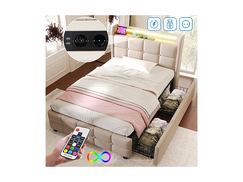 Lit avec Charge USB, Tête de Lit LED et 2 Tiroirs, Lit Simple 90x200 cm, Tissu Beige, Rangement Hydraulique, Lattenrost en Bois (220x94.5x103.5 cm)