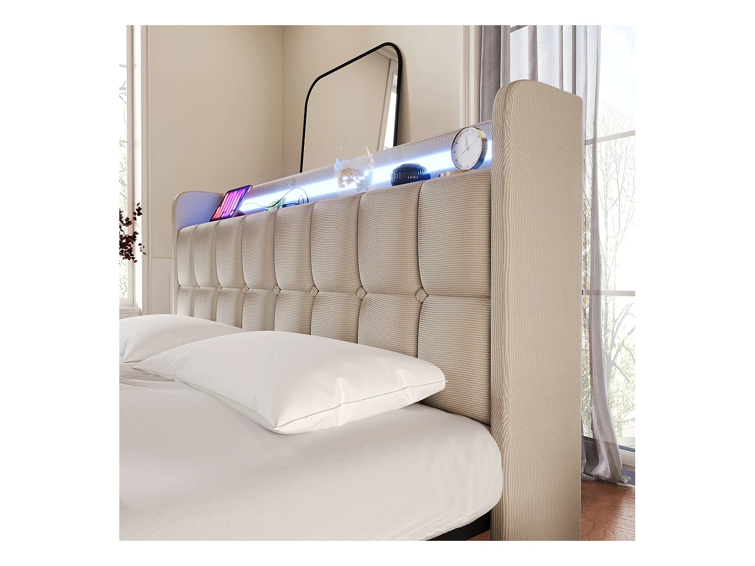 Lit avec Charge USB, Tête de Lit LED et 2 Tiroirs, Lit Simple 90x200 cm, Tissu Beige, Rangement Hydraulique, Lattenrost en Bois (220x94.5x103.5 cm)