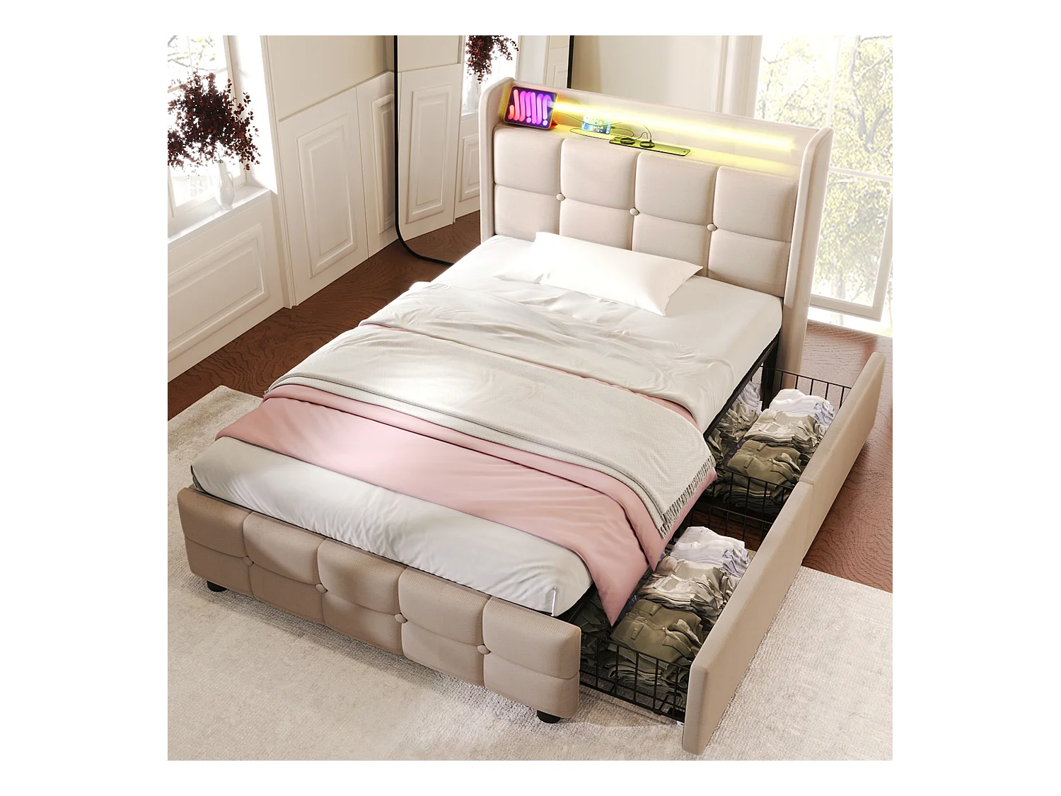 Lit avec Charge USB, Tête de Lit LED et 2 Tiroirs, Lit Simple 90x200 cm, Tissu Beige, Rangement Hydraulique, Lattenrost en Bois (220x94.5x103.5 cm)