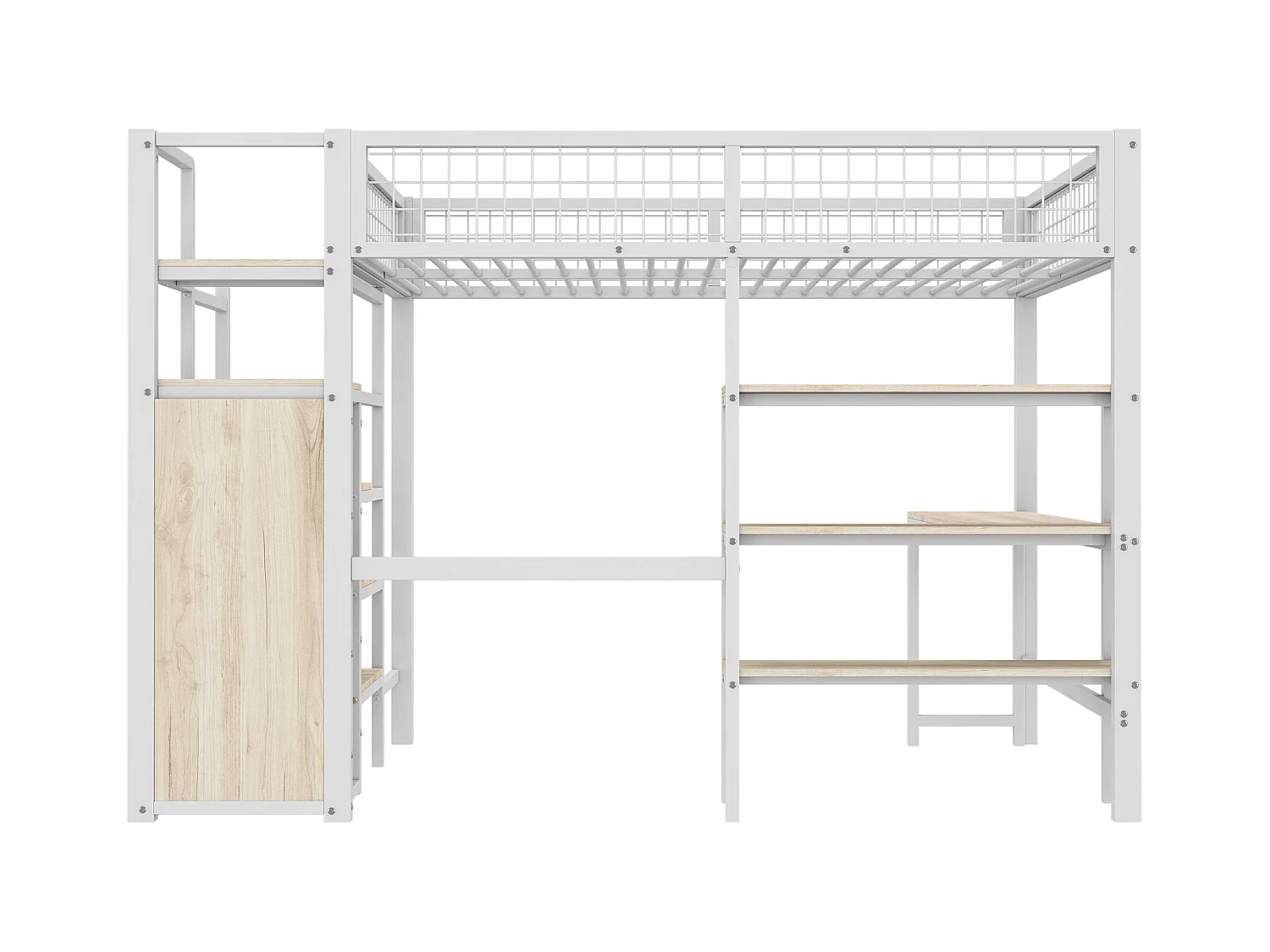 Lit surélevé 140x200 cm, avec bureau, étagères, et tiroirs, métal et MDF, blanc (249x145x180 cm)