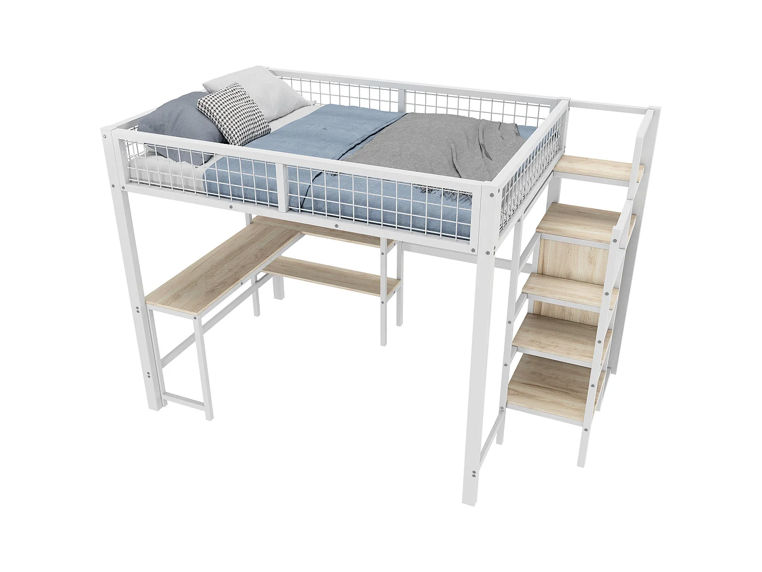 Lit surélevé 140x200 cm, avec bureau, étagères, et tiroirs, métal et MDF, blanc (249x145x180 cm)