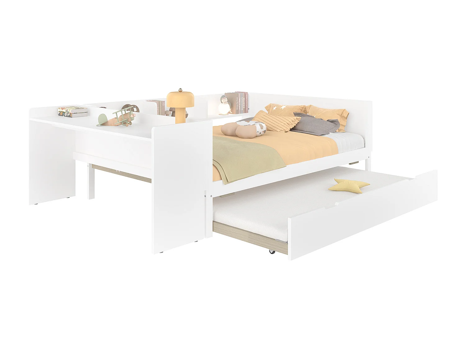 Bed met bureau, lade en planken, grenenhout, wit (140x200 cm)